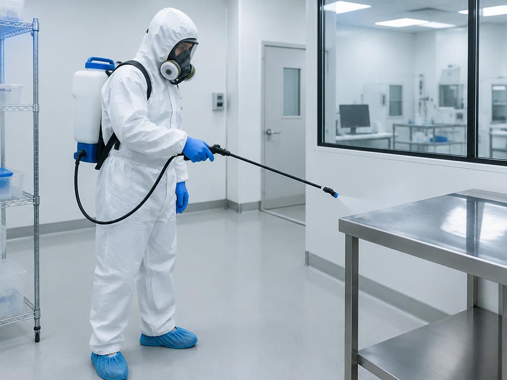 Technician in protective gear sanitizing an area in Colorado Springs
