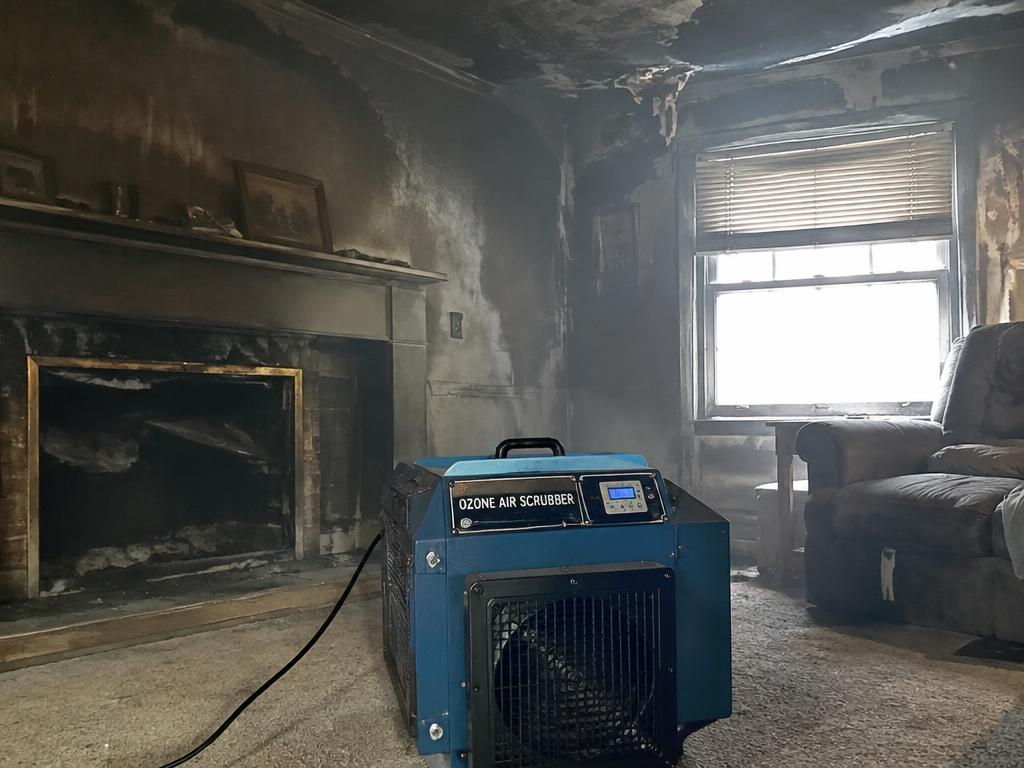 Air scrubber removing smoke odor from a fire-damaged room